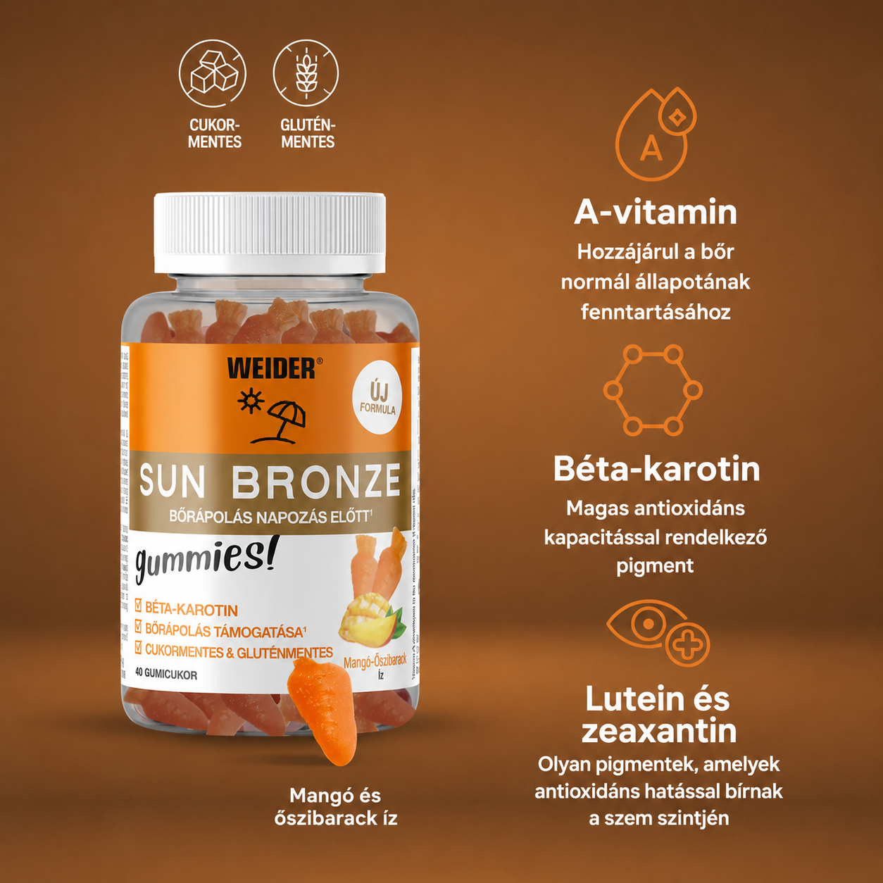 Sun Bronze Gummies – bőr barnulását támogató gumicukor – 40 db – barack-mangó Íz